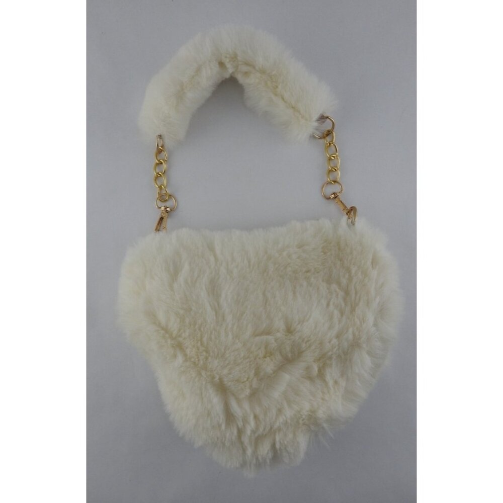 White Faux Fur Heart Purse Hand Bag Gold Chain Strap Zipper Closure